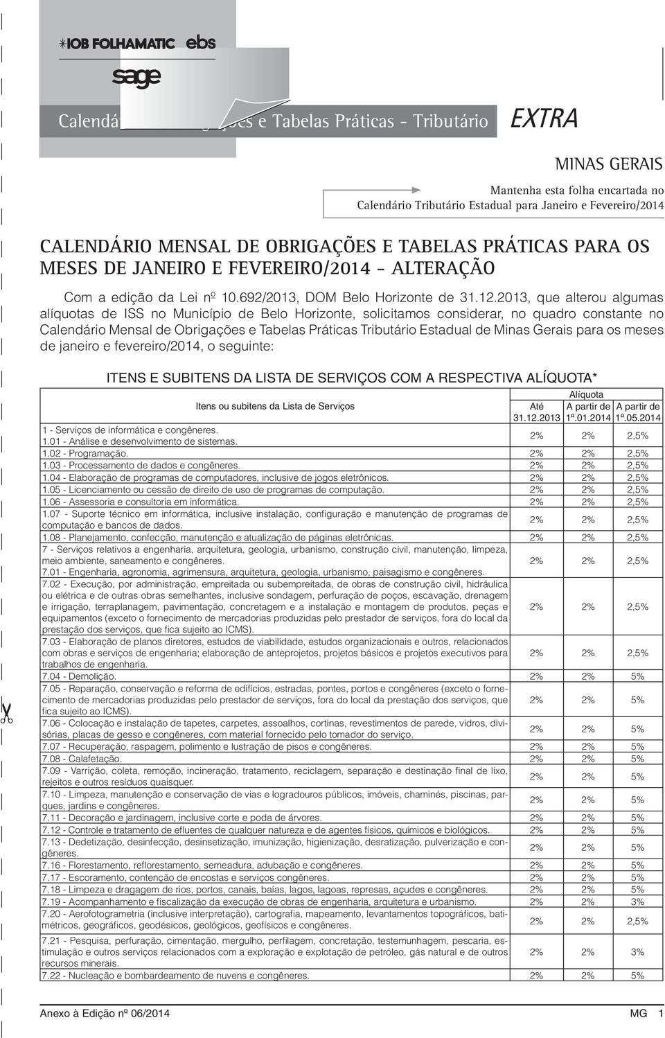 2013, que alterou algumas alíquotas de ISS no Município de Belo Horizonte, solicitamos considerar, no quadro constante no Calendário Mensal de Obrigações e Tabelas Práticas Tributário Estadual de