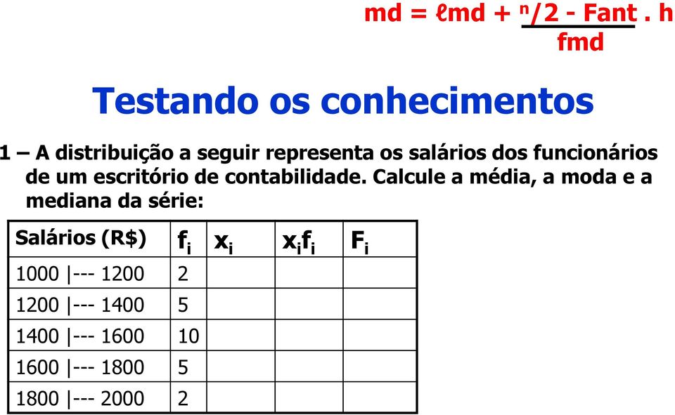 Calcule a média, a moda e a mediana da série: Salários (R$) f i x i x i f i F i