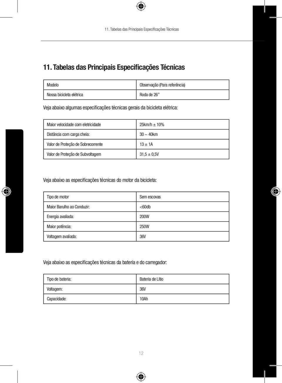 elétrica: Maior velocidade com eletricidade 25km/h ± 10% Distância com carga cheia: Valor de Proteção de Sobrecorrente 30 ~ 40km 13 ± 1A Valor de Proteção de Subvoltagem 31,5 ± 0,5V