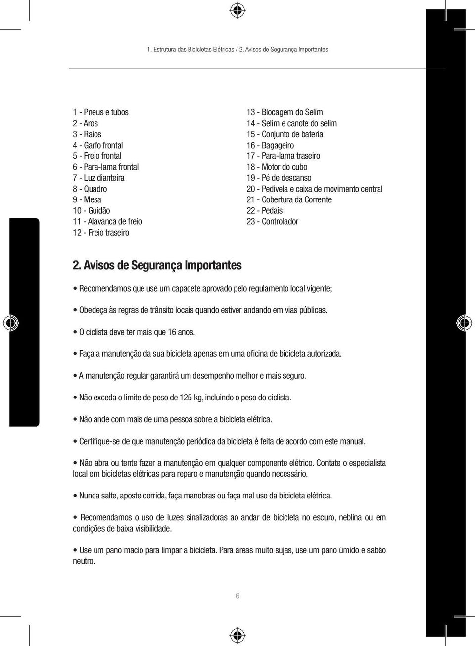 12 - Freio traseiro 13 - Blocagem do Selim 14 - Selim e canote do selim 15 - Conjunto de bateria 16 - Bagageiro 17 - Para-lama traseiro 18 - Motor do cubo 19 - Pé de descanso 20 - Pedivela e caixa de