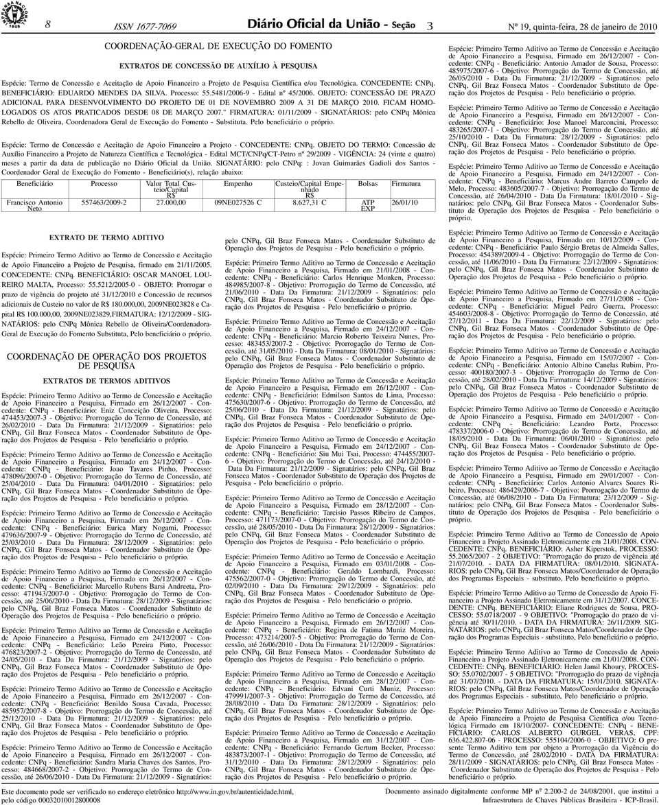 OBJETO: CONCESSÃO DE PRAZO ADICIONAL PARA DESENVOLVIMENTO DO PROJETO DE 01 DE NOVEMBRO 2009 A 1 DE MARÇO 2010. FICAM HOMO- LOGADOS OS ATOS PRATICADOS DESDE 08 DE MARÇO 2007.