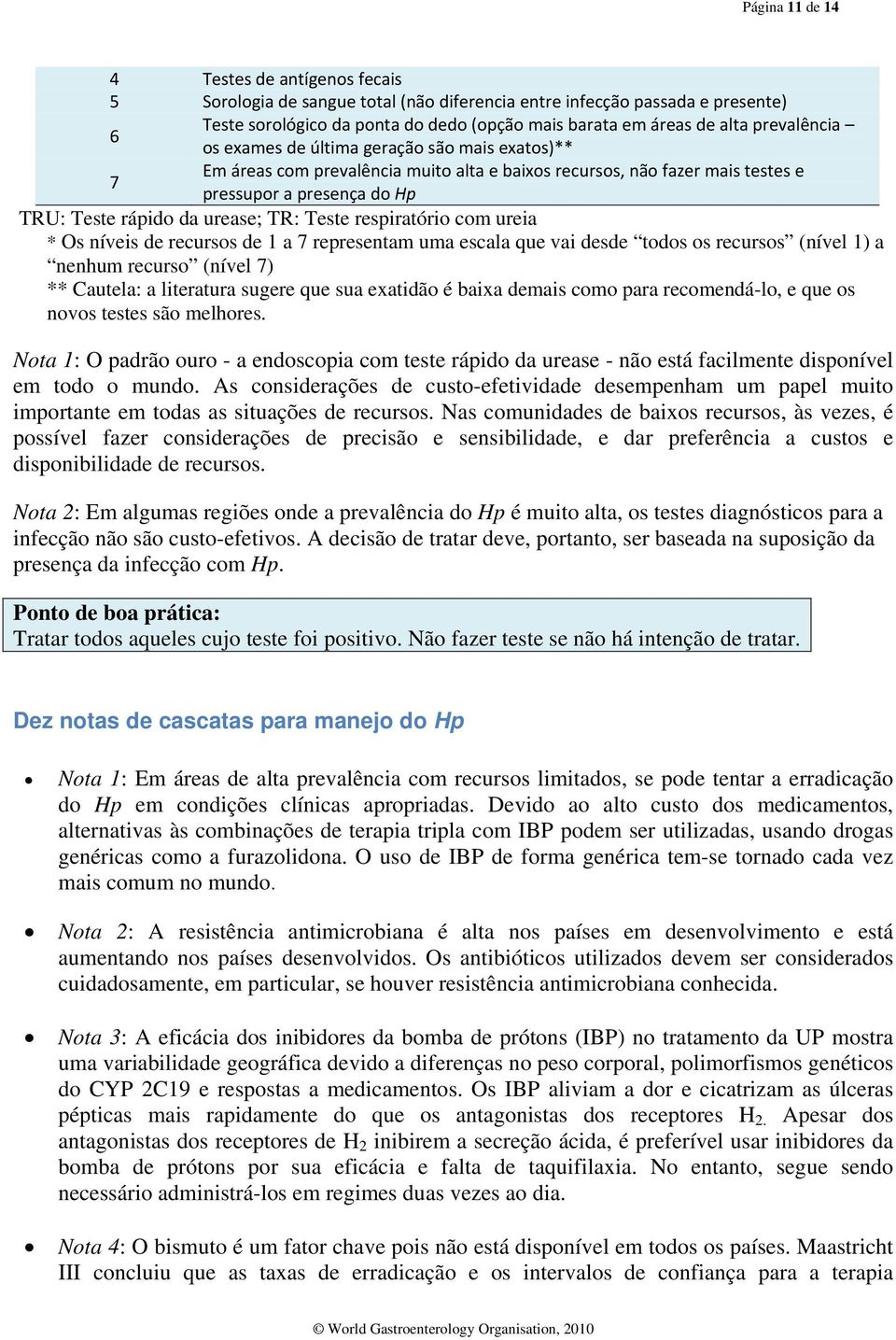 TR: Teste respiratório com ureia * Os níveis de recursos de 1 a 7 representam uma escala que vai desde todos os recursos (nível 1) a nenhum recurso (nível 7) ** Cautela: a literatura sugere que sua