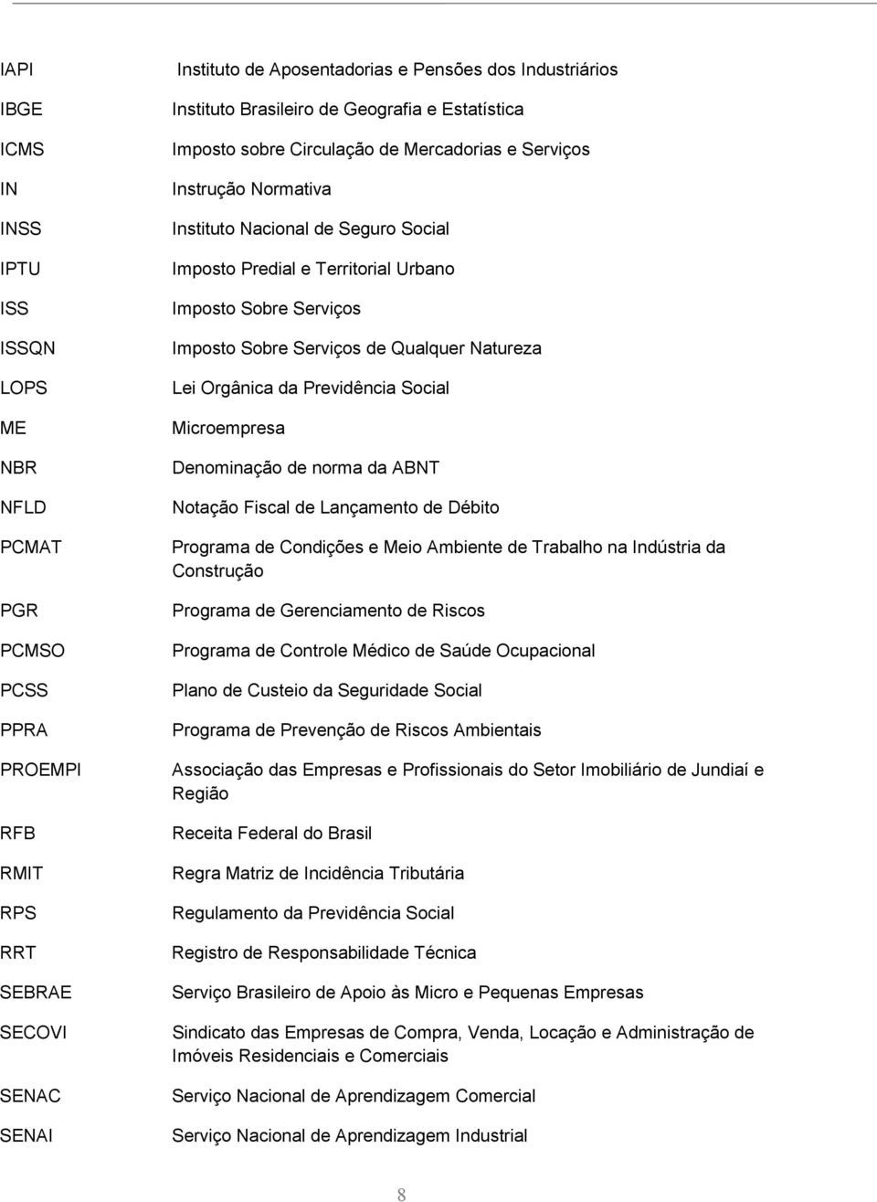 Serviços Imposto Sobre Serviços de Qualquer Natureza Lei Orgânica da Previdência Social Microempresa Denominação de norma da ABNT Notação Fiscal de Lançamento de Débito Programa de Condições e Meio