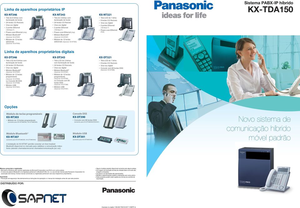 Base-T) Power-over-Ethernet (100 Base-T) (PoE) Power-over-Ethernet (PoE) adicionais (Opcional: KX-NT303) Linha de aparelhos proprietários digitais KX-DT346 KX-DT343 KX-DT321 Tela LCD de 6 linhas com