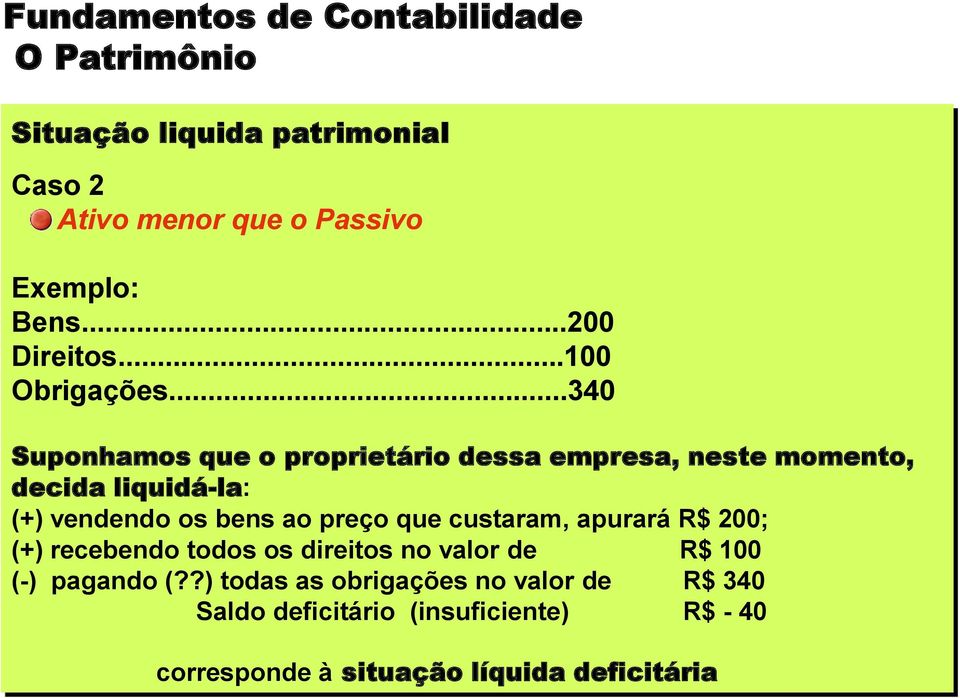 ..340 Suponhamos que o proprietário dessa empresa, neste momento, decida liquidá-la: (+) vendendo os bens ao preço