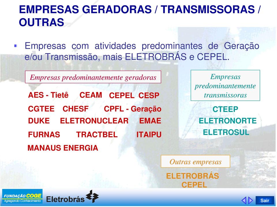 Empresas predominantemente geradoras AES - Tietê CGTEE DUKE FURNAS CEAM CESP CHESF CPFL - Geração