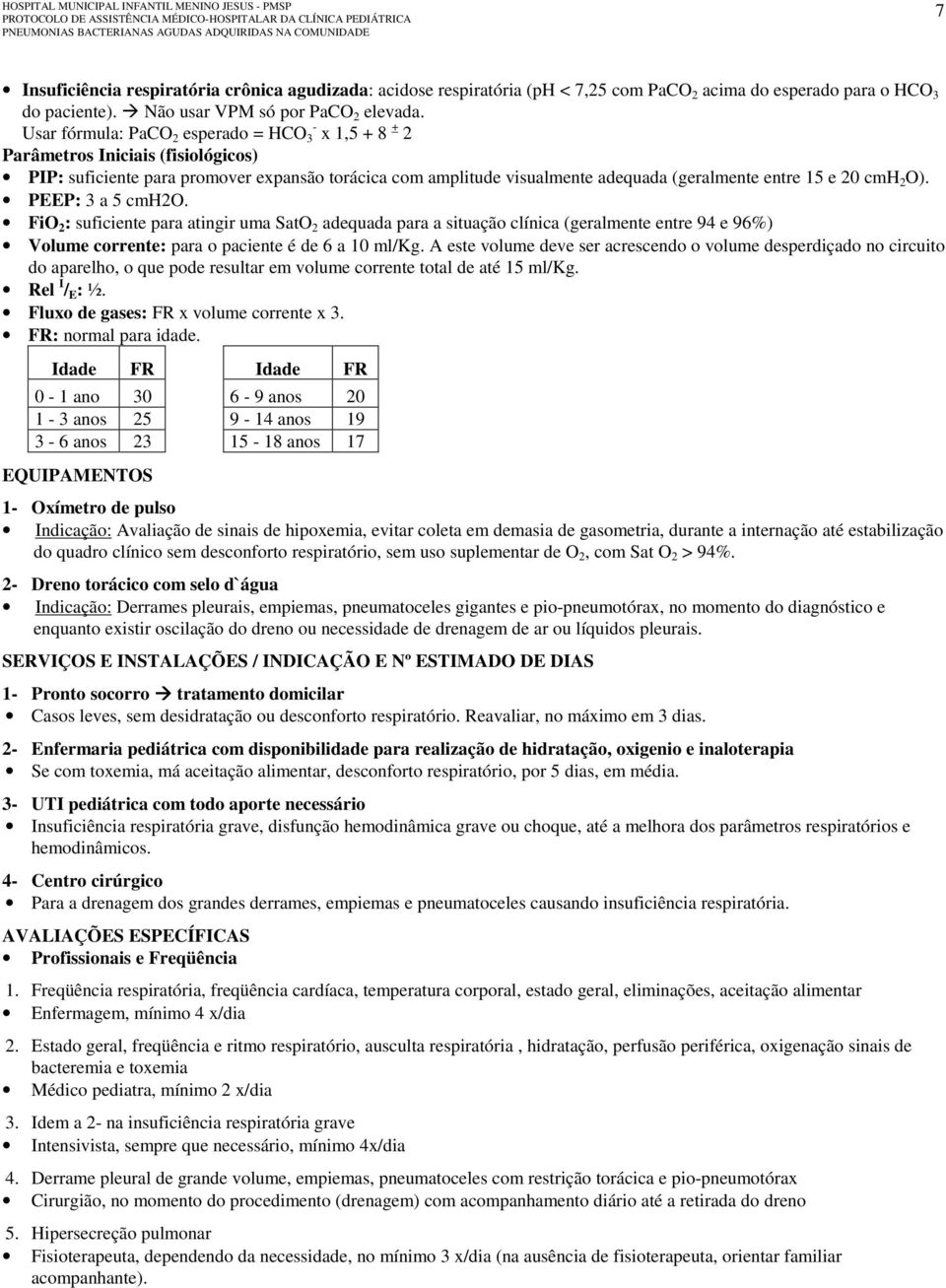 cmh 2 O). PEEP: 3 a 5 cmh2o. FiO 2 : suficiente para atingir uma SatO 2 adequada para a situação clínica (geralmente entre 94 e 96%) Volume corrente: para o paciente é de 6 a 10 ml/kg.