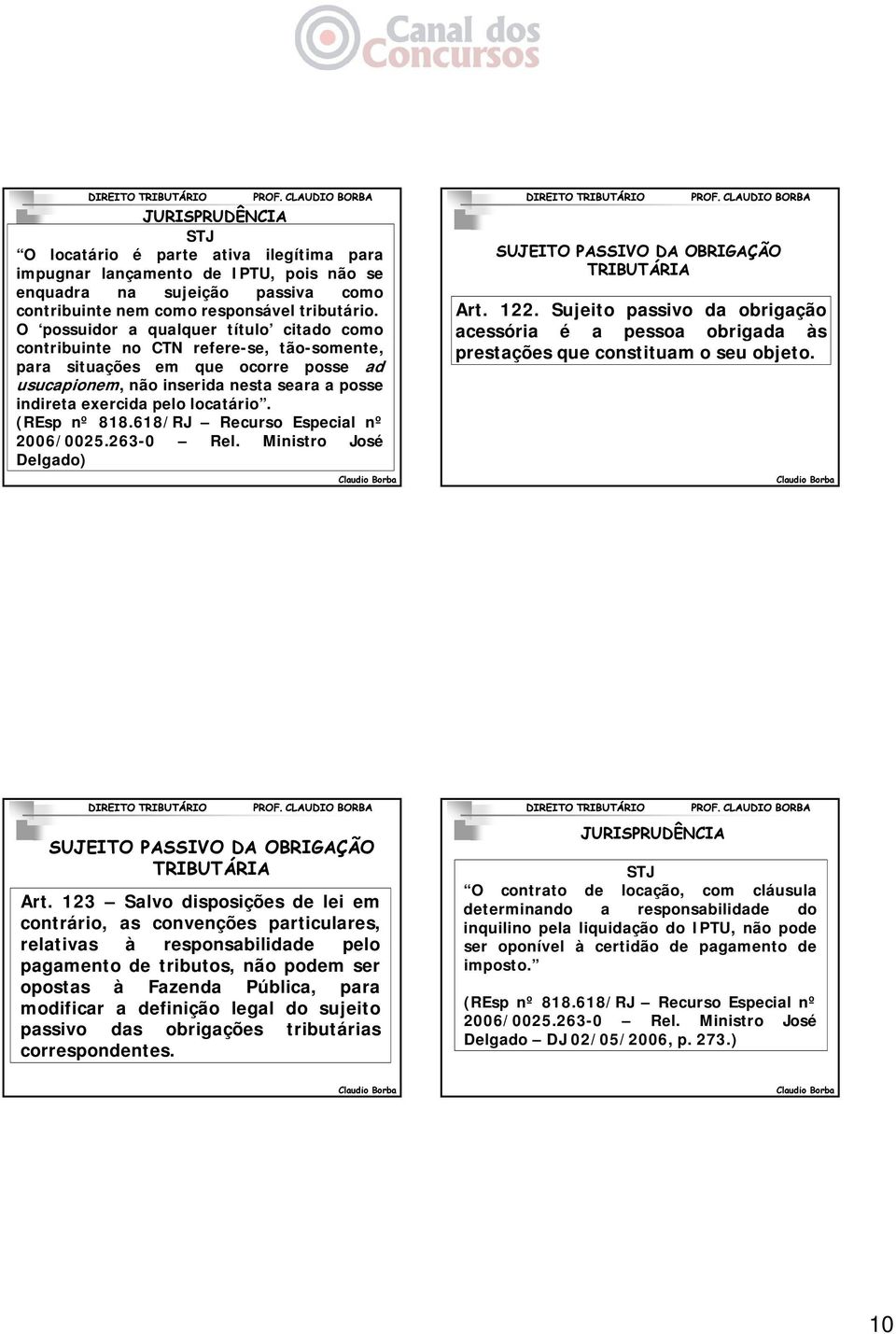 locatário. (REsp nº 818.618/RJ Recurso Especial nº 2006/0025.263-0 Rel. Ministro José Delgado) SUJEITO PASSIVO DA OBRIGAÇÃO TRIBUTÁRIA Art. 122.