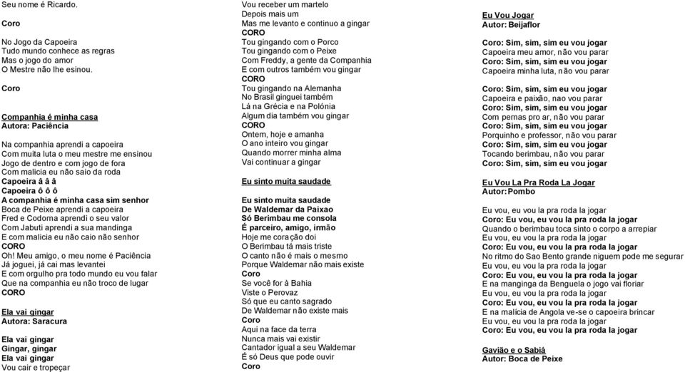 Capoeira ô ô ô A companhia é minha casa sim senhor Boca de Peixe aprendi a capoeira Fred e Codorna aprendi o seu valor Com Jabuti aprendi a sua mandinga E com malicia eu não caio não senhor Oh!