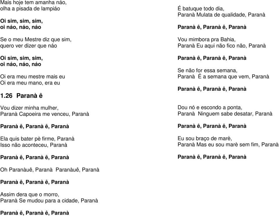 26 Paranà ê Vou dizer minha mulher, Paranà Capoeira me venceu, Paranà Paranà ê, Paranà ê, Paranà Ela quis bater pè firme, Paranà Isso não aconteceu, Paranà Paranà ê, Paranà ê, Paranà É batuque todo