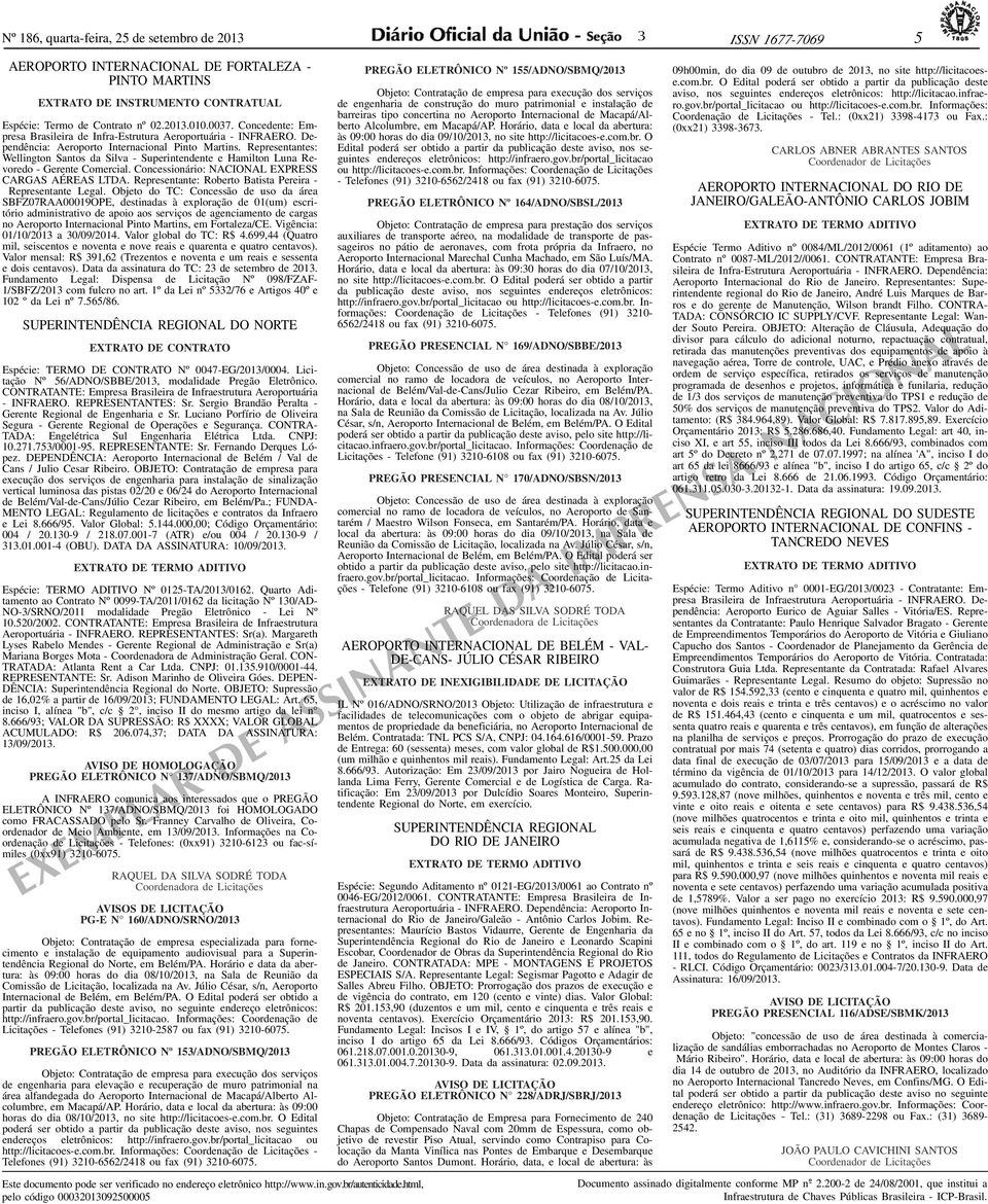 Representantes: Wellington Santos da Silva - Superintendente e Hamilton Luna Revoredo - Gerente Comercial. Concessionário: NACIONAL EXPRESS CARGAS AÉREAS LTDA.