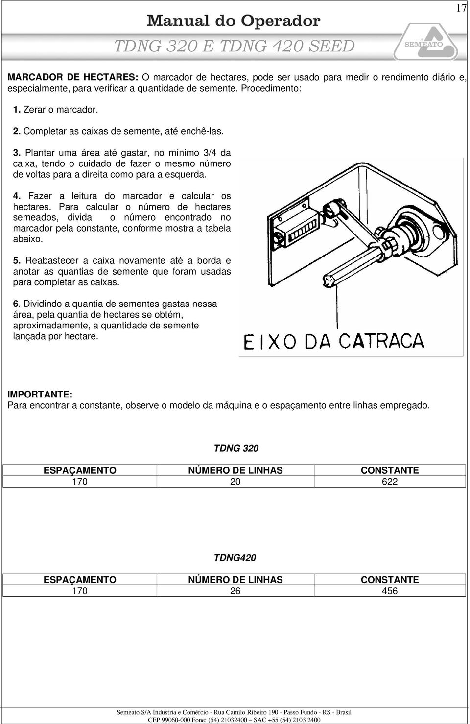 Plantar uma área até gastar, no mínimo 3/4 da caixa, tendo o cuidado de fazer o mesmo número de voltas para a direita como para a esquerda. 4. Fazer a leitura do marcador e calcular os hectares.