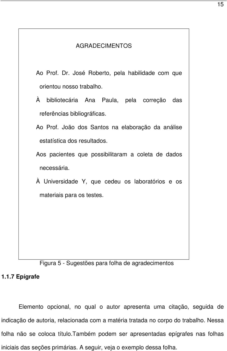 1.7 Epígrafe Figura 5 - Sugestões para folha de agradecimentos Elemento opcional, no qual o autor apresenta uma citação, seguida de indicação de autoria, relacionada com a matéria