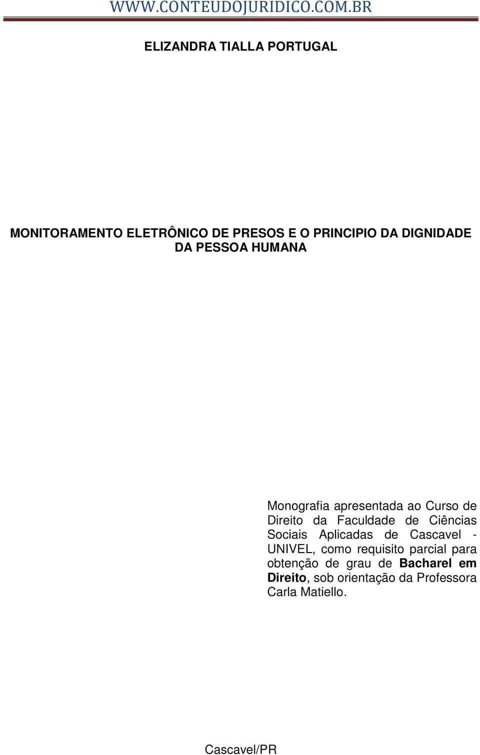 de Ciências Sociais Aplicadas de Cascavel - UNIVEL, como requisito parcial para