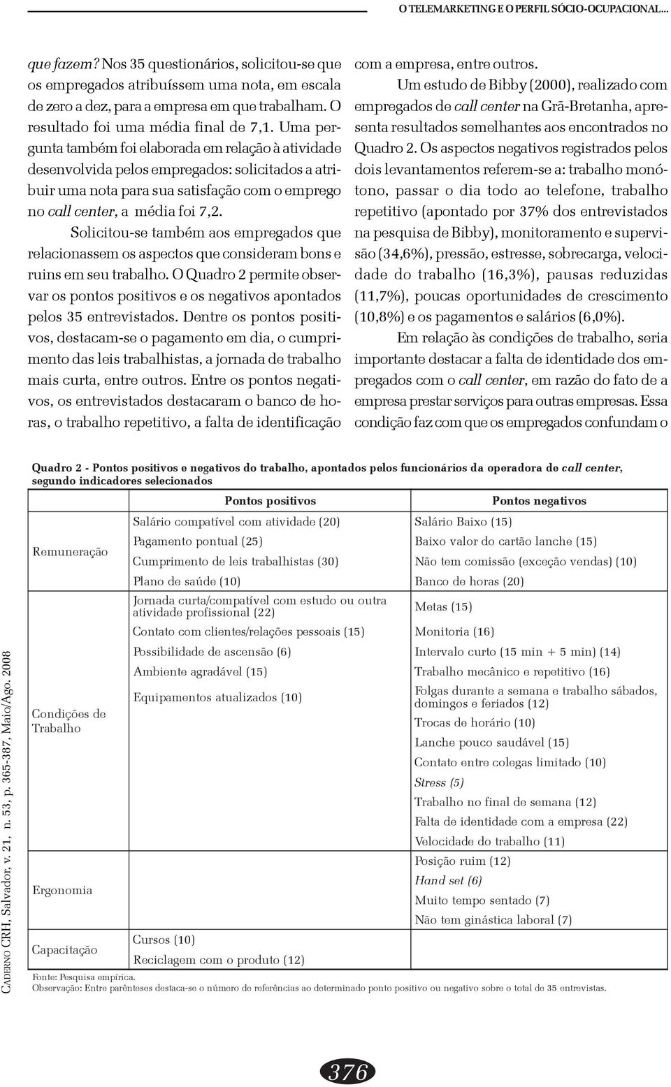 Uma pergunta também foi elaborada em relação à atividade desenvolvida pelos empregados: solicitados a atribuir uma nota para sua satisfação com o emprego no call center, a média foi 7,2.