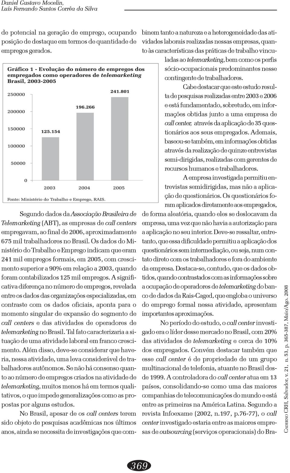 Os dados do Ministério do Trabalho e Emprego indicam que eram 241 mil empregos formais, em 2005, com crescimento superior a 90% em relação a 2003, quando foram contabilizados 125 mil empregos.