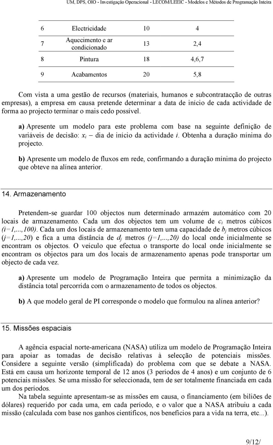 a) Apresente um modelo para este problema com base na seguinte definição de variáveis de decisão: x i dia de início da actividade i. Obtenha a duração mínima do projecto.