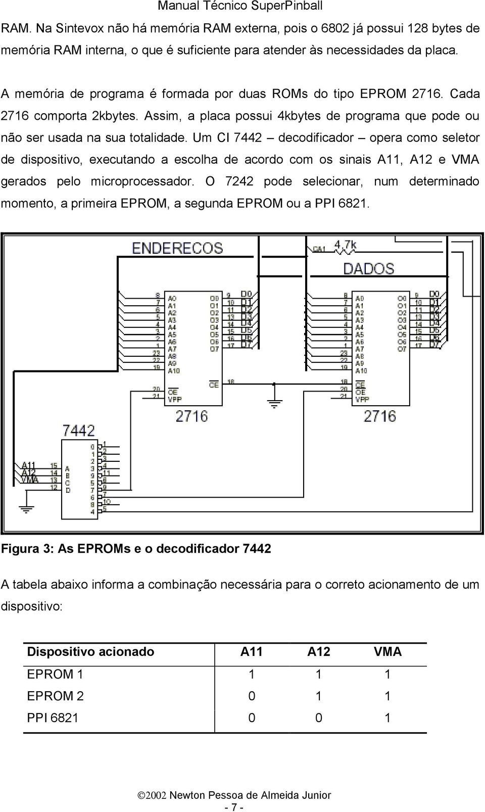 Um CI 7442 decodificador opera como seletor de dispositivo, executando a escolha de acordo com os sinais A11, A12 e VMA gerados pelo microprocessador.