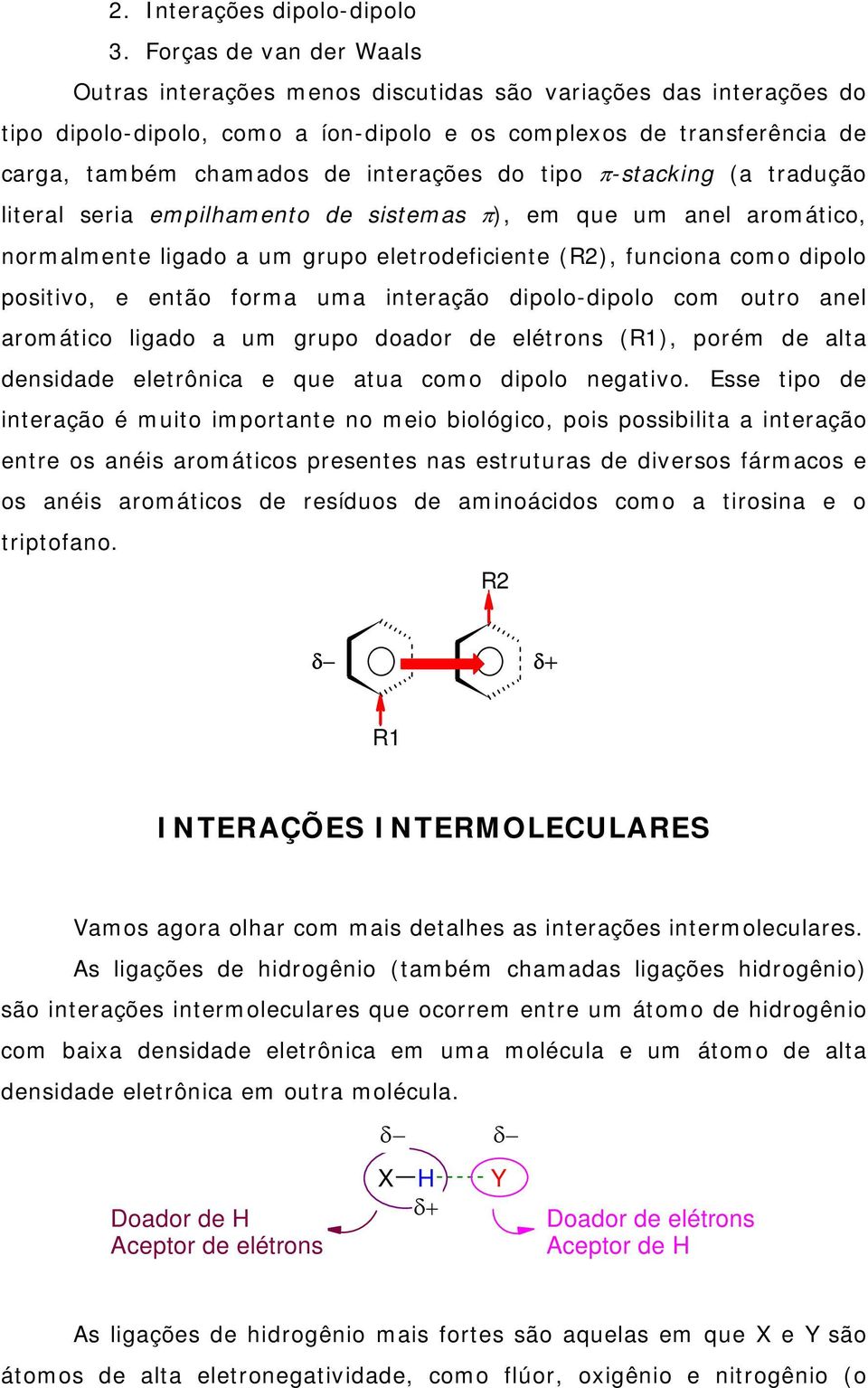 do tipo π-stacking (a tradução literal seria empilhamento de sistemas π), em que um anel aromático, normalmente ligado a um grupo eletrodeficiente (R2), funciona como dipolo positivo, e então forma