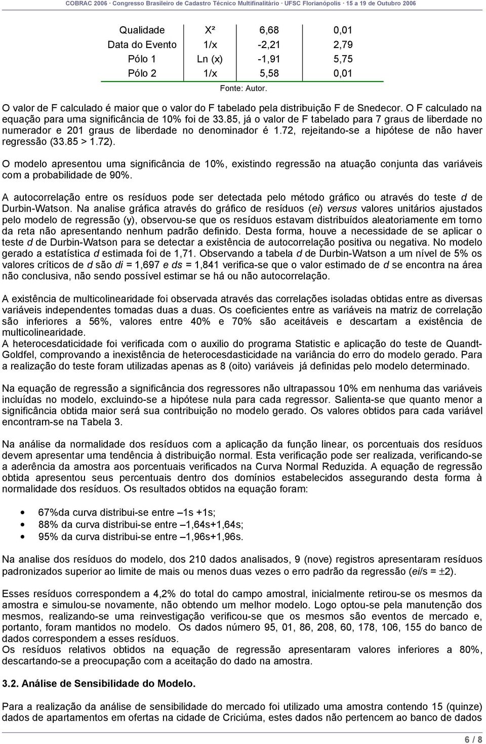 85, já o valor de F tabelado para 7 graus de liberdade no numerador e 201 graus de liberdade no denominador é 1.72, rejeitando-se a hipótese de não haver regressão (33.85 > 1.72).