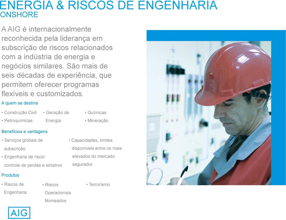 Construção Civil Petroquímicas Geração de Energia Químicas Mineração Serviços globais de subscrição.
