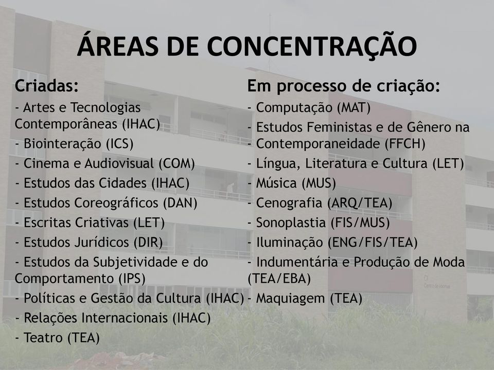 Maquiagem (TEA) - Relações Internacionais (IHAC) - Teatro (TEA) Em processo de criação: - Computação (MAT) - Estudos Feministas e de Gênero na - Contemporaneidade