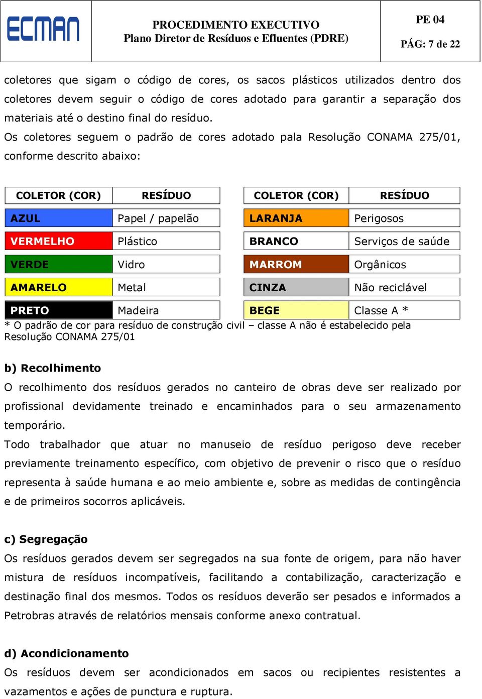 Os coletores seguem o padrão de cores adotado pala Resolução CONAMA 275/01, conforme descrito abaixo: COLETOR (COR) RESÍDUO COLETOR (COR) RESÍDUO AZUL Papel / papelão LARANJA Perigosos VERMELHO