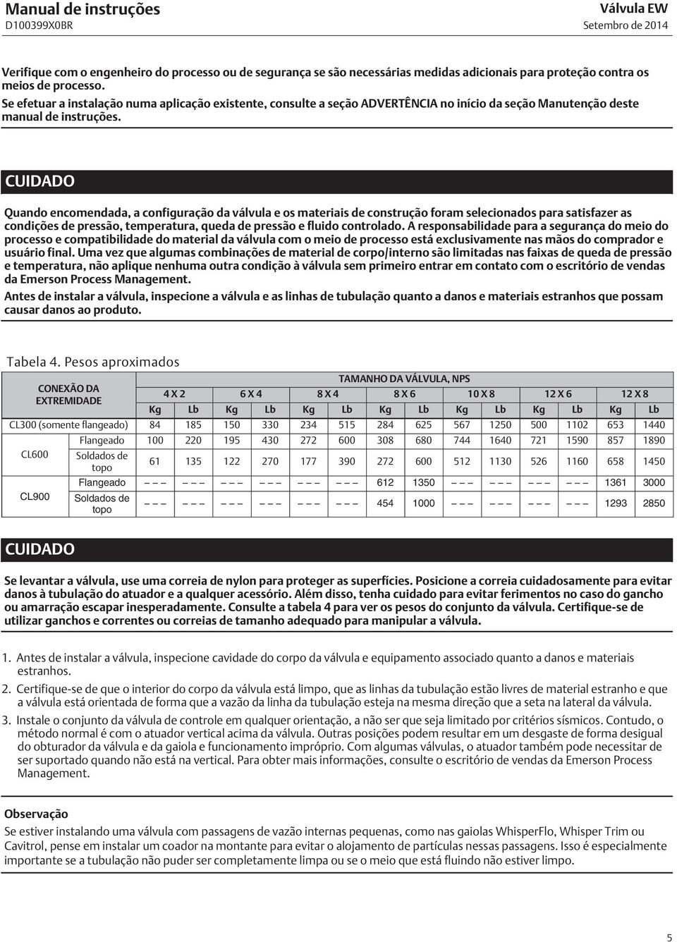 CUIDADO Quando encomendada, a configuração da válvula e os materiais de construção foram selecionados para satisfazer as condições de pressão, temperatura, queda de pressão e fluido controlado.