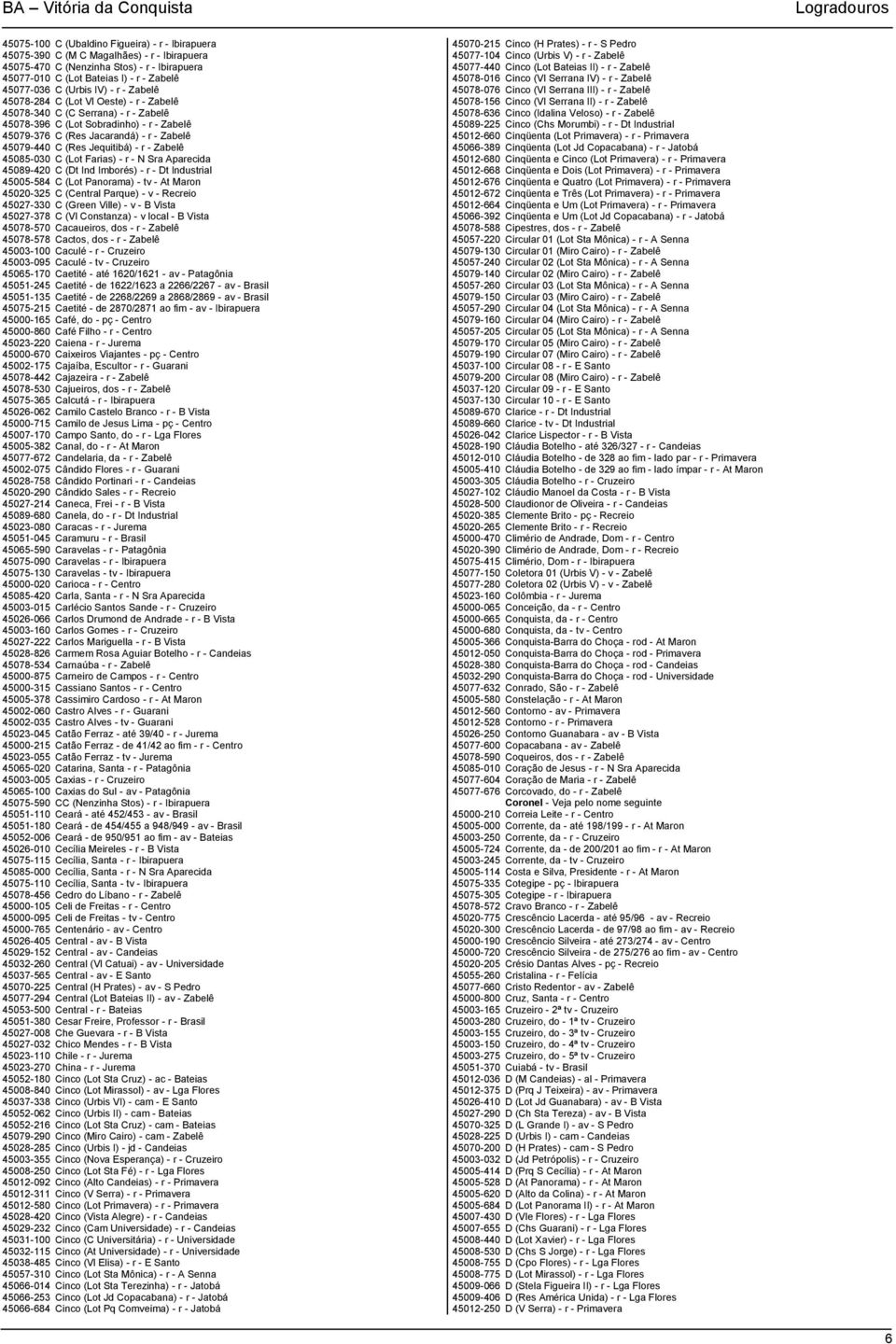 Jequitibá) - r - Zabelê 45085-030 C (Lot Farias) - r - N Sra Aparecida 45089-420 C (Dt Ind Imborés) - r - Dt Industrial 45005-584 C (Lot Panorama) - tv - At Maron 45020-325 C (Central Parque) - v -
