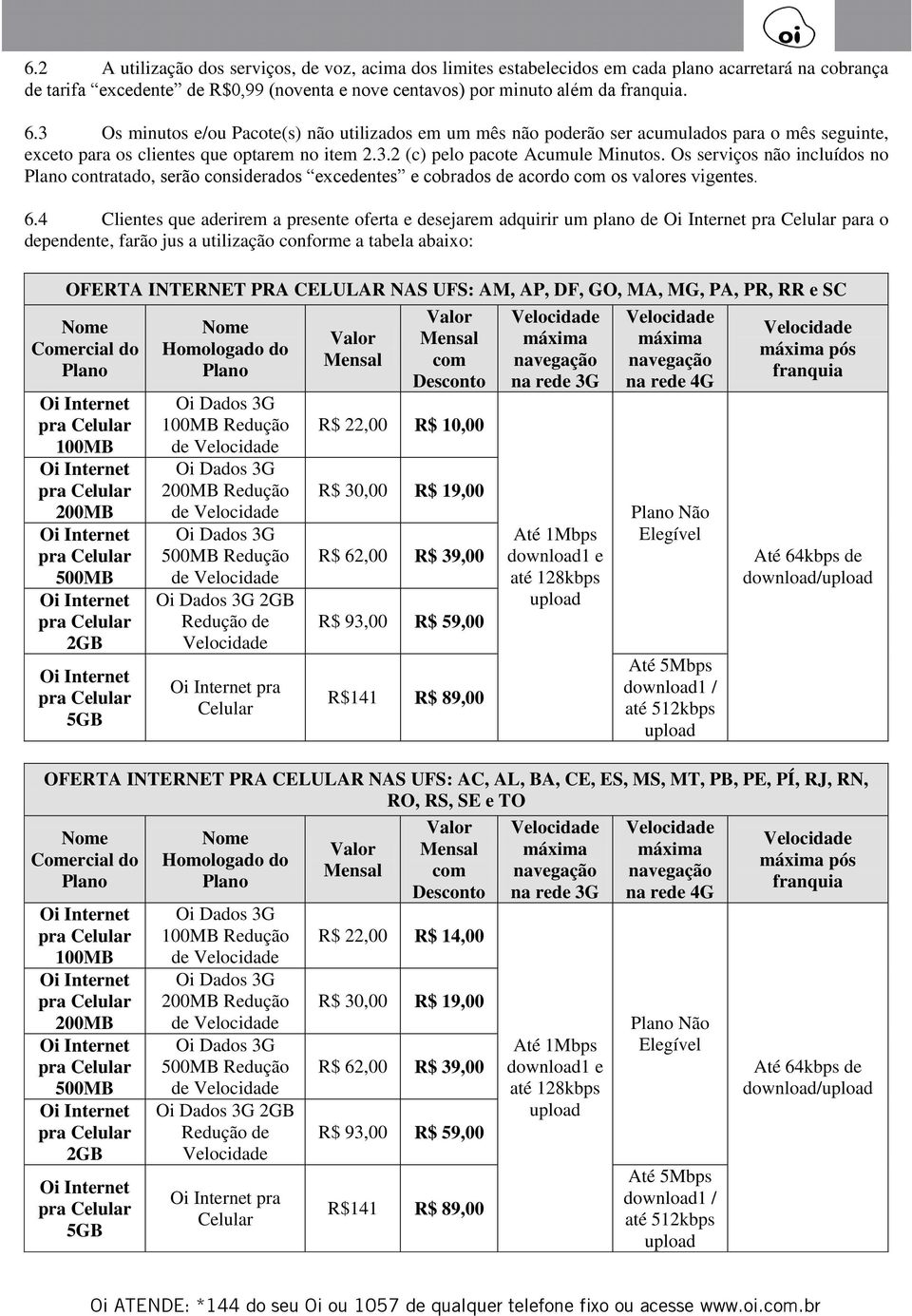 Os serviços não incluídos no Plano contratado, serão considerados excedentes e cobrados de acordo com os valores vigentes. 6.