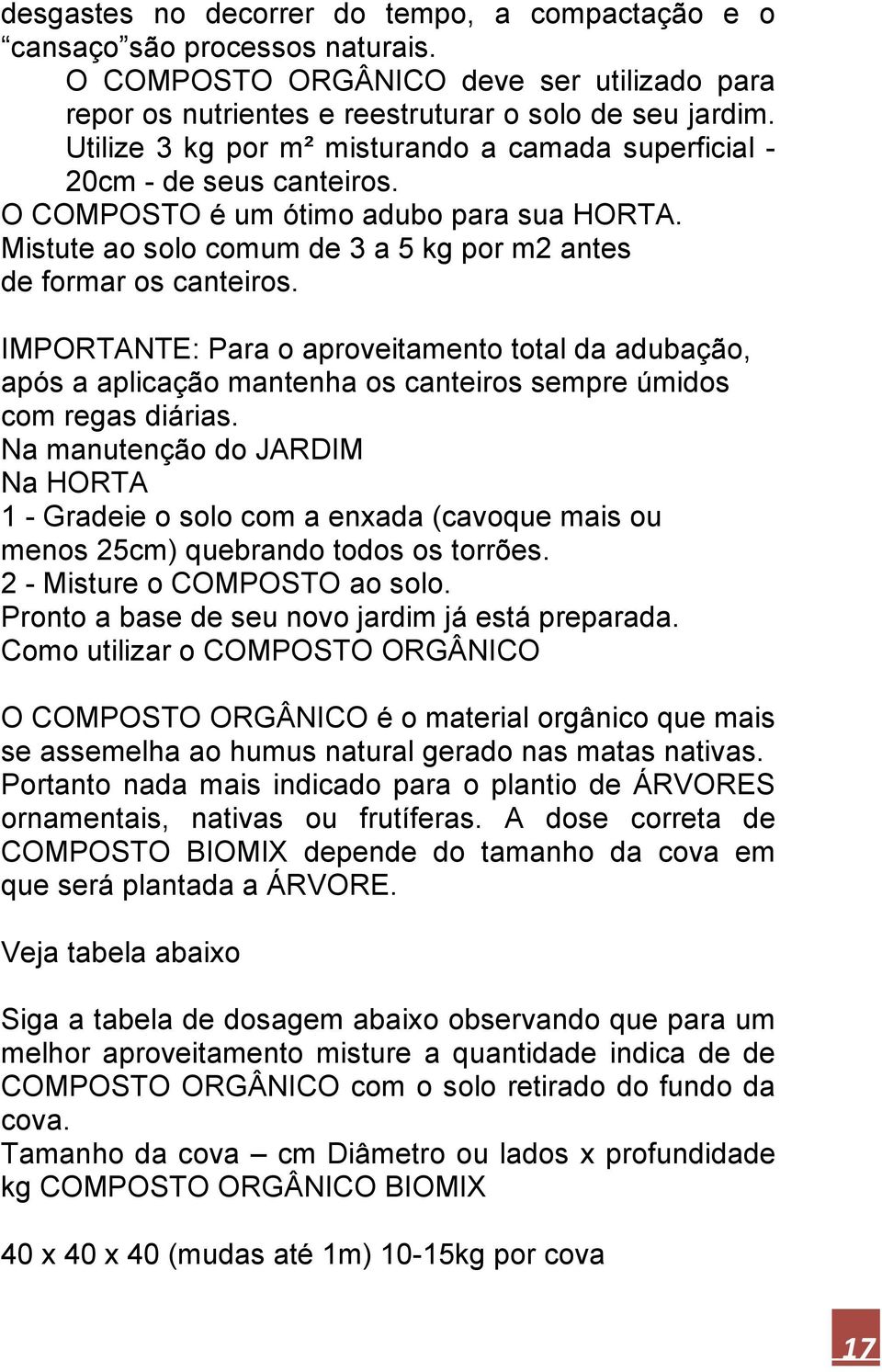 IMPORTANTE: Para o aproveitamento total da adubação, após a aplicação mantenha os canteiros sempre úmidos com regas diárias.