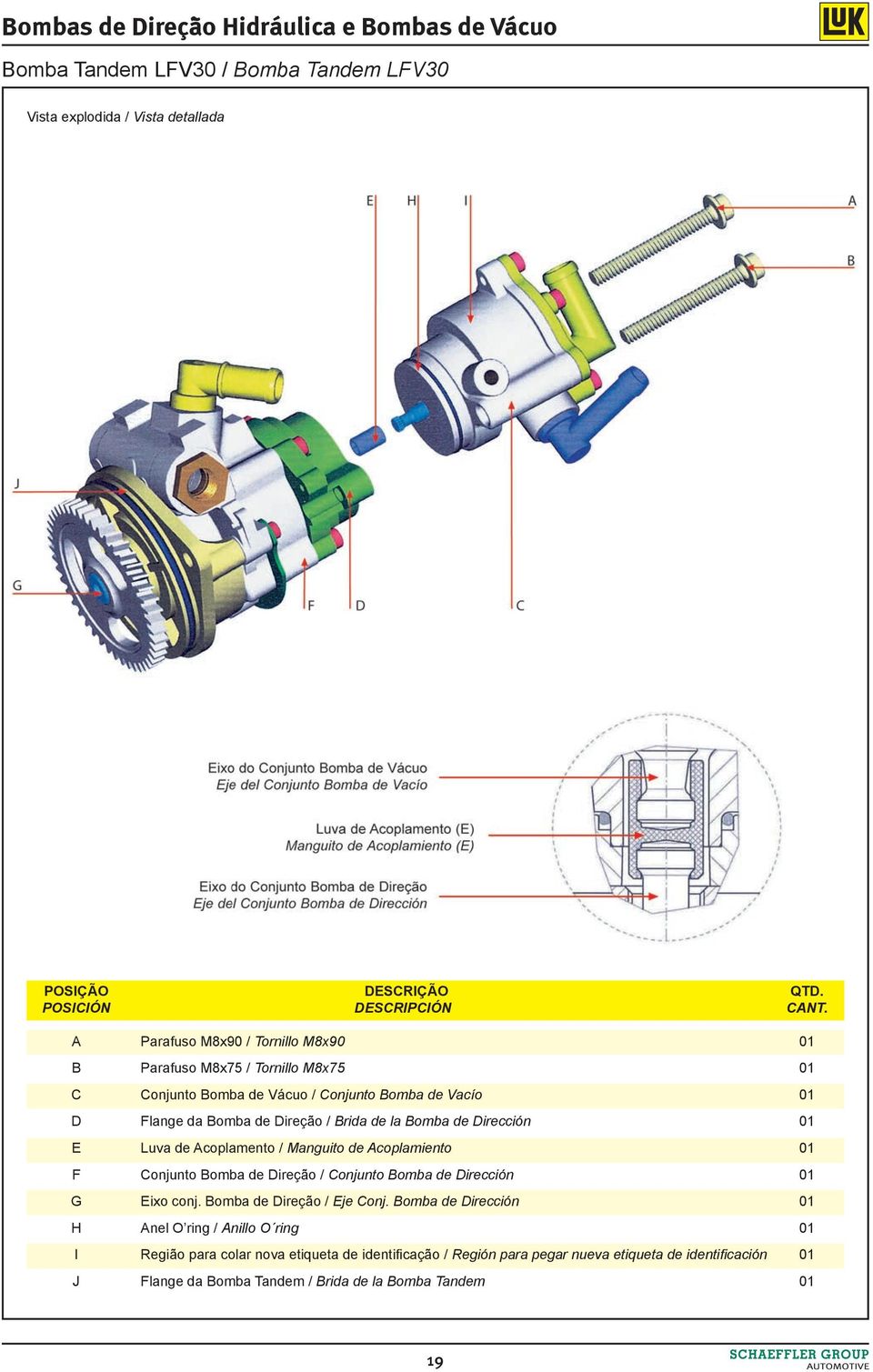 Bomba de Dirección 01 E Luva de Acoplamento / Manguito de Acoplamiento 01 F Conjunto Bomba de Direção / Conjunto Bomba de Dirección 01 G Eixo conj.