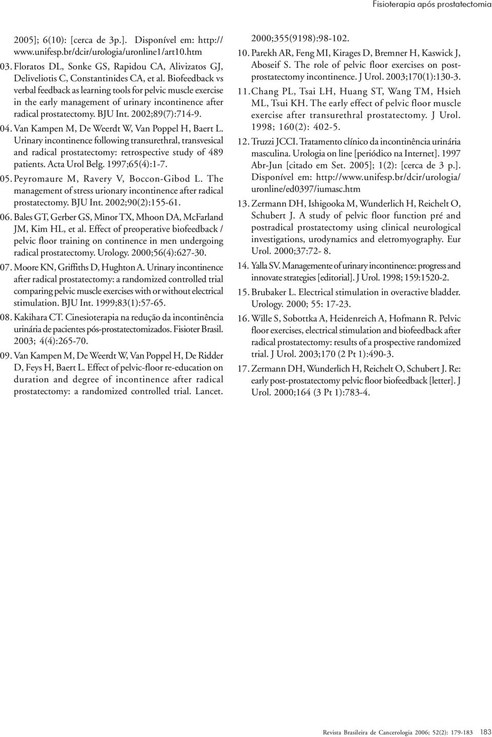 Biofeedback vs verbal feedback as learning tools for pelvic muscle exercise in the early management of urinary incontinence after radical prostatectomy. BJU Int. 2002;89(7):714-9. 04.