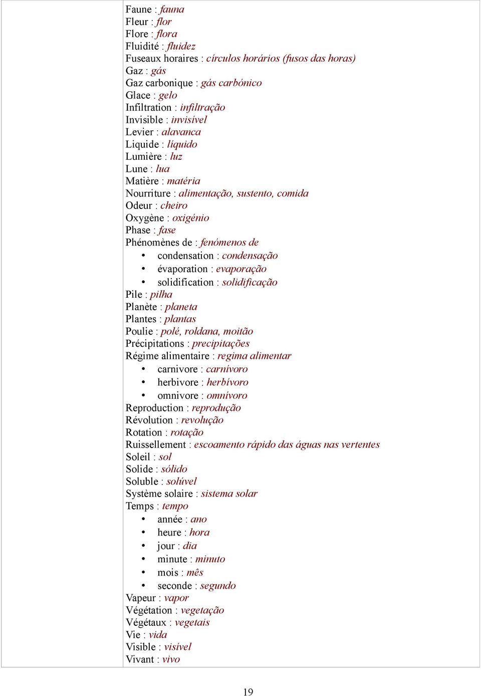 Phénomènes de : fenómenos de condensation : condensação évaporation : evaporação solidification : solidificação Pile : pilha Planète : planeta Plantes : plantas Poulie : polé, roldana, moitão