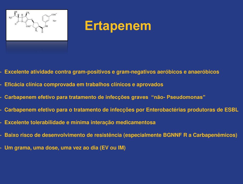 o tratamento de infecções por Enterobactérias produtoras de ESBL Excelente tolerabilidade e mínima interação medicamentosa