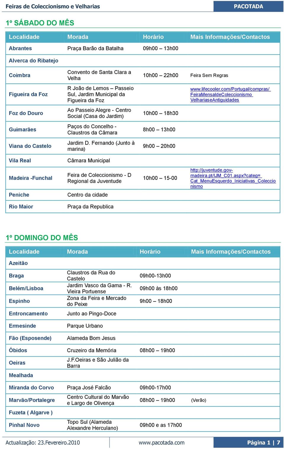 com/portugal/compras/ FeiraMensaldeColeccionismo VelhariaseAntiguidades Foz do Douro Ao Passeio Alegre - Centro Social (Casa do Jardim) 10h00 18h30 Guimarães Paços do Concelho - Claustros da Câmara