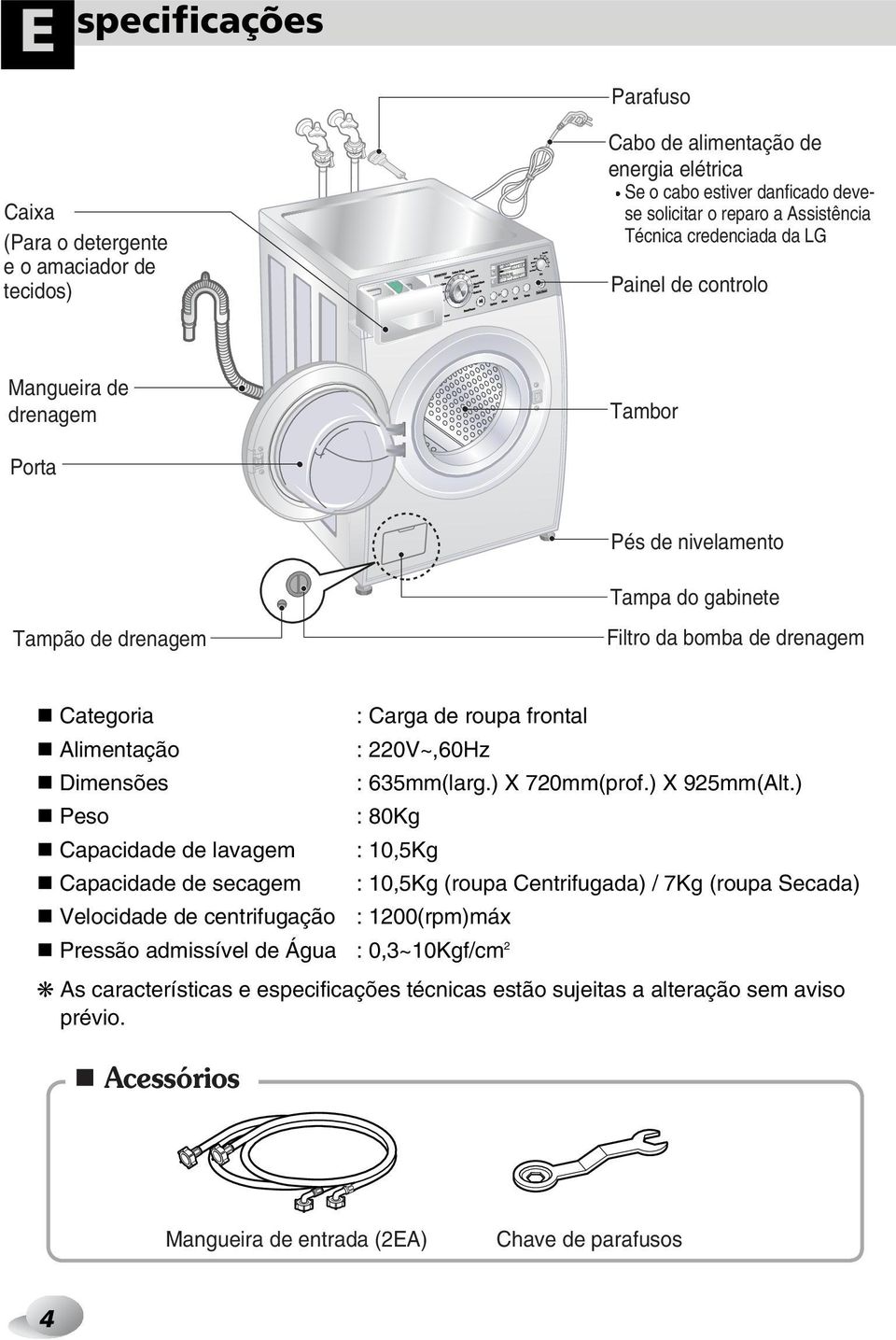 devese solicitar o reparo a Assistência Técnica credenciada da LG Painel de controlo Mangueira de drenagem Porta Tambor Tampão de drenagem Pés de nivelamento Tampa do gabinete Filtro da bomba de