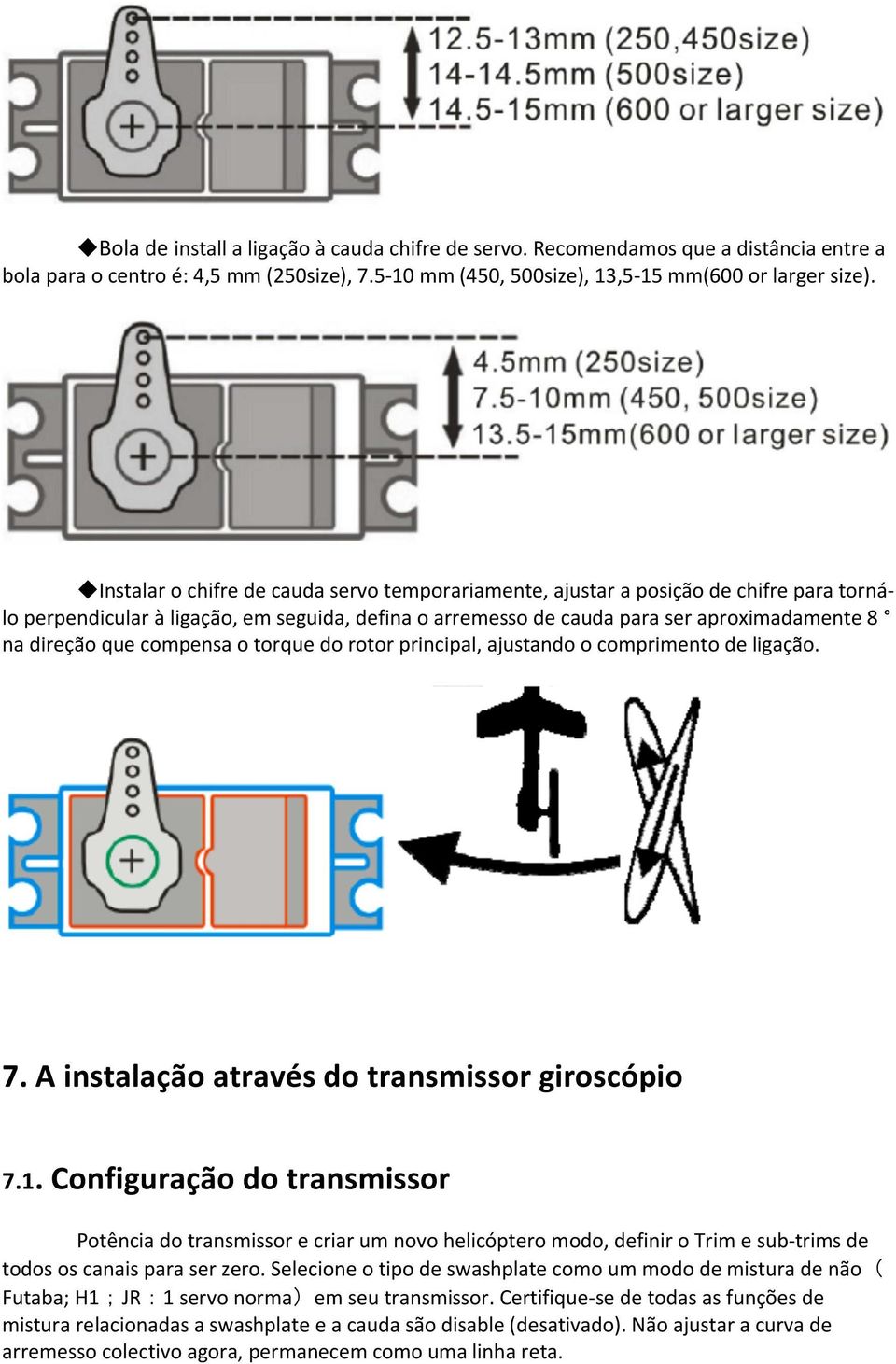 compensa o torque do rotor principal, ajustando o comprimento de ligação. 7. A instalação através do transmissor giroscópio 7.1.