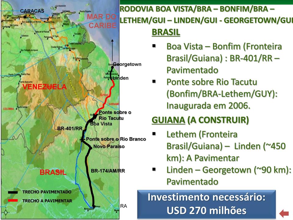 BR-174/AM/RR BRASIL Boa Vista Bonfim (Fronteira Brasil/Guiana) : BR-401/RR Pavimentado Ponte sobre Rio Tacutu (Bonfim/BRA-Lethem/GUY): Inaugurada em