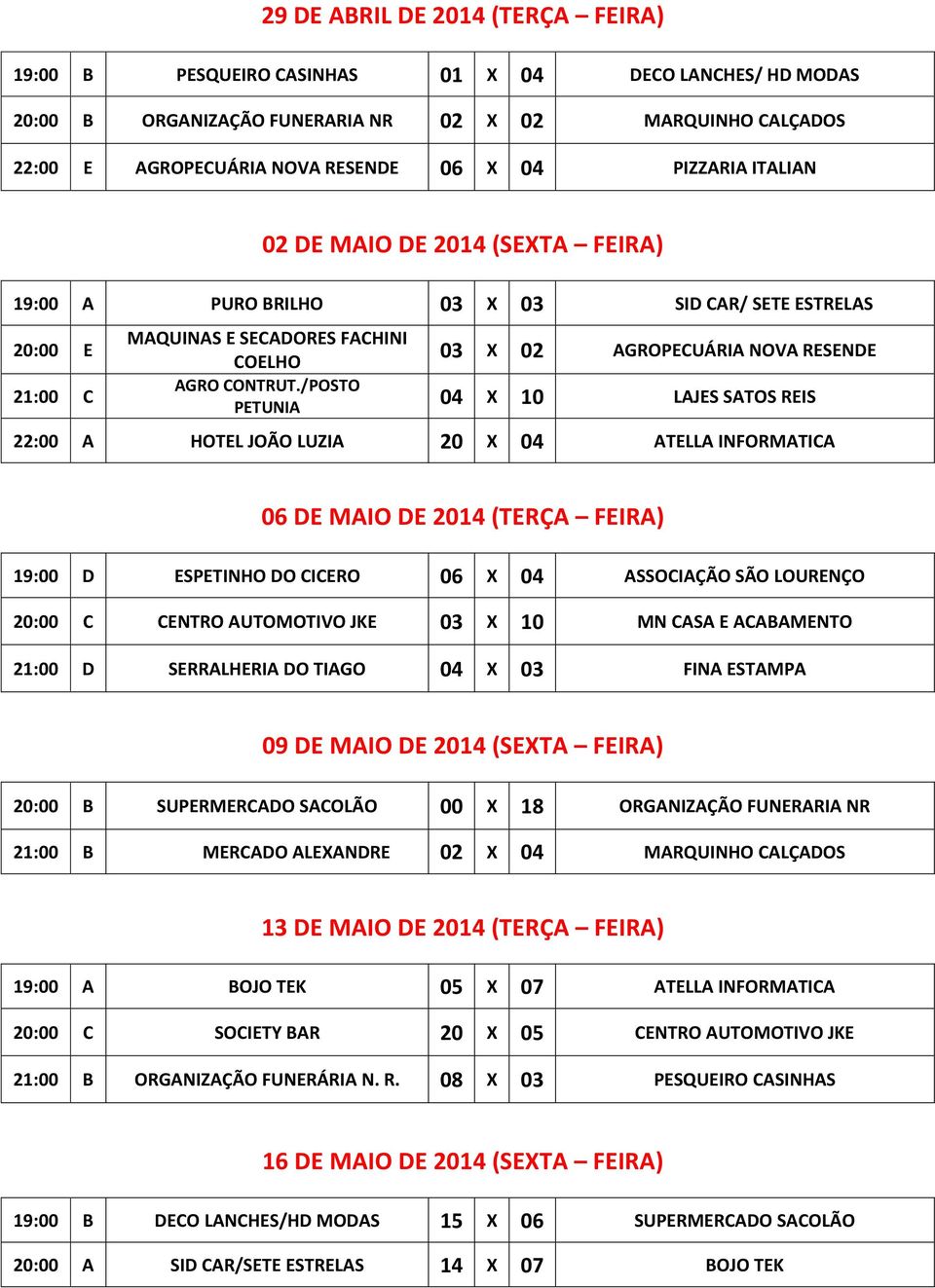 REIS 22:00 A HOTEL JOÃO LUZIA 20 X 04 ATELLA INFORMATICA 06 DE MAIO DE 2014 (TERÇA FEIRA) 19:00 D ESPETINHO DO CICERO 06 X 04 ASSOCIAÇÃO SÃO LOURENÇO 20:00 C CENTRO AUTOMOTIVO JKE 03 X 10 MN CASA E