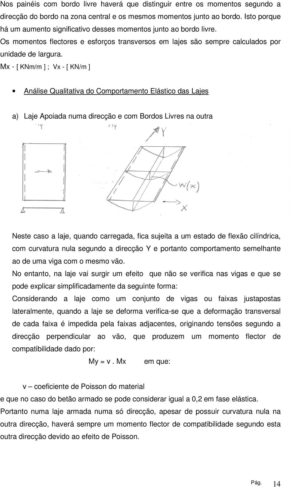 Mx - [ KNm/m ] ; Vx - [ KN/m ] Análise Qualitativa do Comportamento Elástico das Lajes a) Laje Apoiada numa direcção e com Bordos Livres na outra Neste caso a laje, quando carregada, fica sujeita a