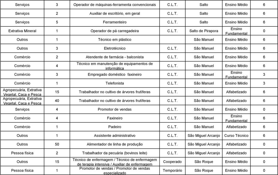 informática Comércio Empregado doméstico faxineiro São Manuel São Manuel Médio Comércio 1 Telefonista São Manuel Médio Agropecuária, Extrativa Vegetal, Caça e Pesca Agropecuária, Extrativa Vegetal,