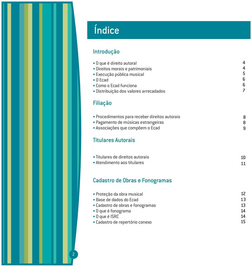 compõem o Ecad 8 8 9 Titulares Autorais Titulares de direitos autorais Atendimento aos titulares 10 11 Cadastro de Obras e Fonogramas Proteção