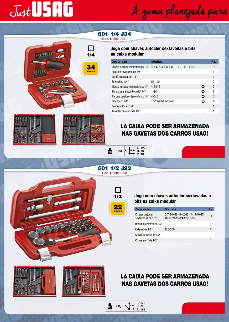 Extensões 1/4" 55-0 2 Bits para parafusos cabeça com fenda 1/4 4-5,5-6 Bits para parafusos Pozidriv 1/4 1-2- Bits para parafusos tipo umbraco 1/4 4-5-6 Bits Torx 1/4-15-20-25-0-40 6 Punho autocler