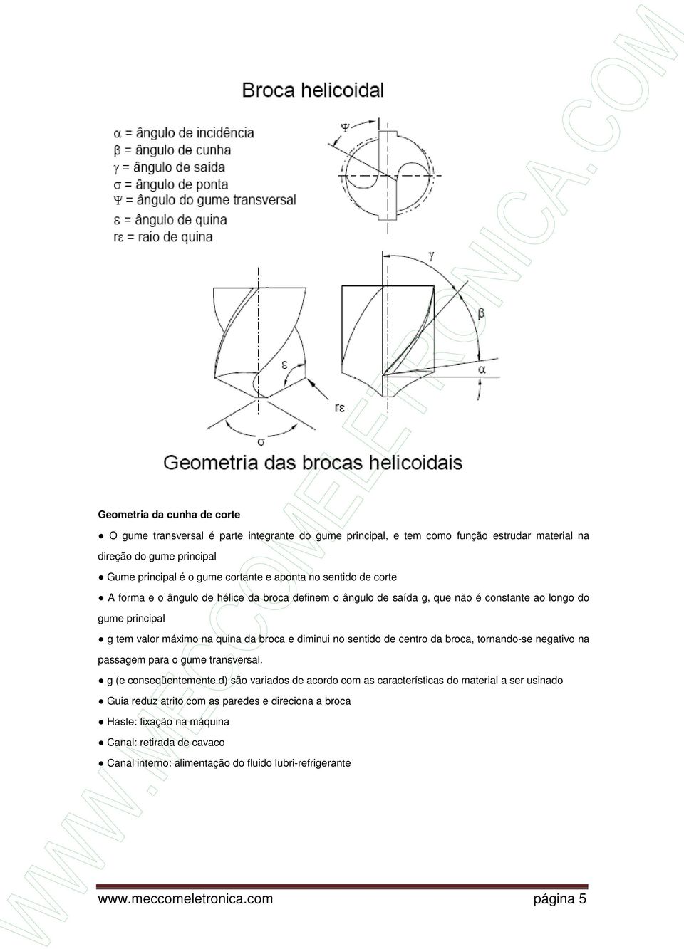 no sentido de centro da broca, tornando-se negativo na passagem para o gume transversal.