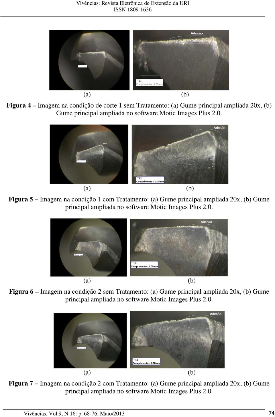 (b) (a) Figura 5 Imagem na condição 1 com Tratamento: (a) Gume principal ampliada 20x (b) (a) Figura 6 Imagem na condição 2 sem Tratamento: (a) Gume principal