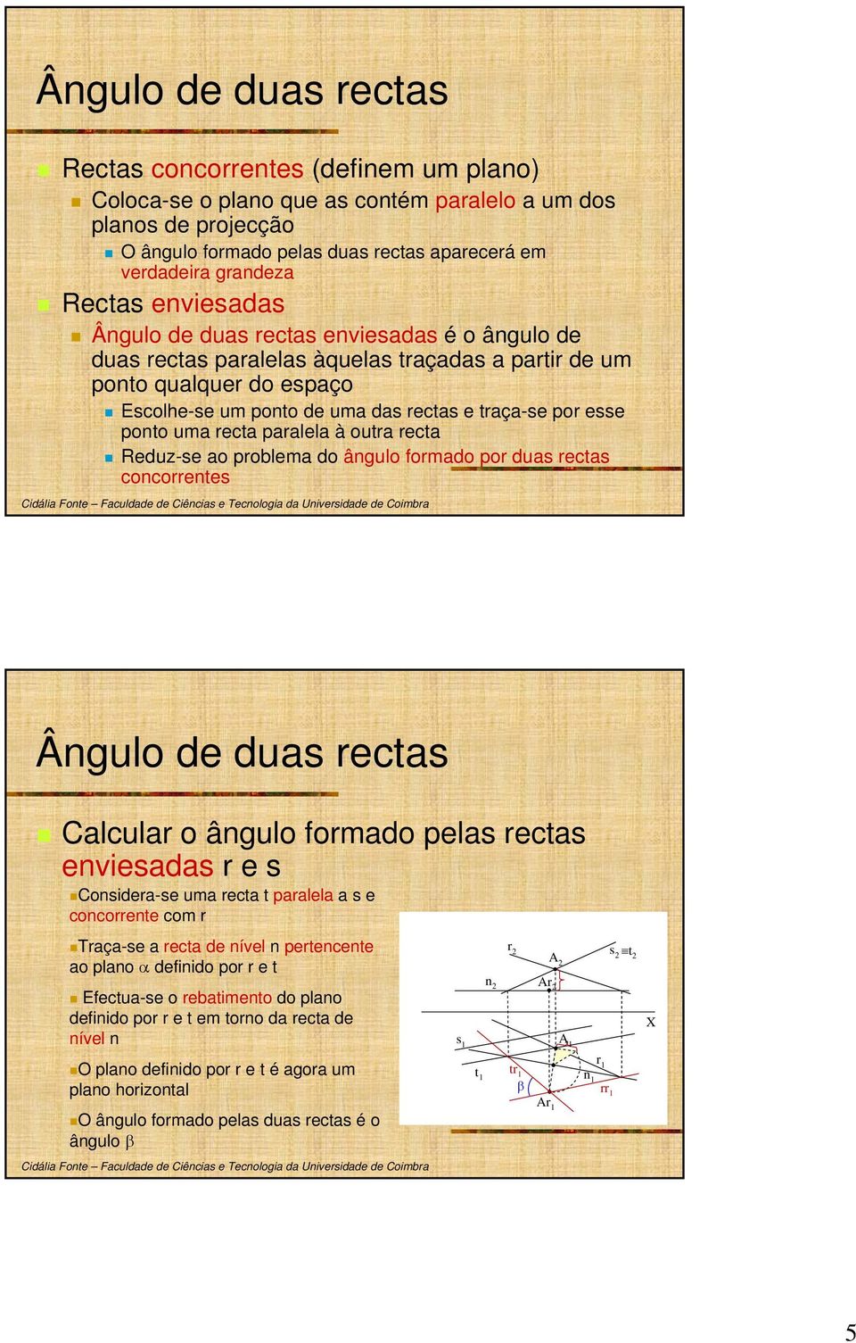 ponto uma recta paralela à outra recta Reduz-se ao problema do ângulo formado por duas rectas concorrentes Ângulo de duas rectas Calcular o ângulo formado pelas rectas enviesadas r e s Considera-se