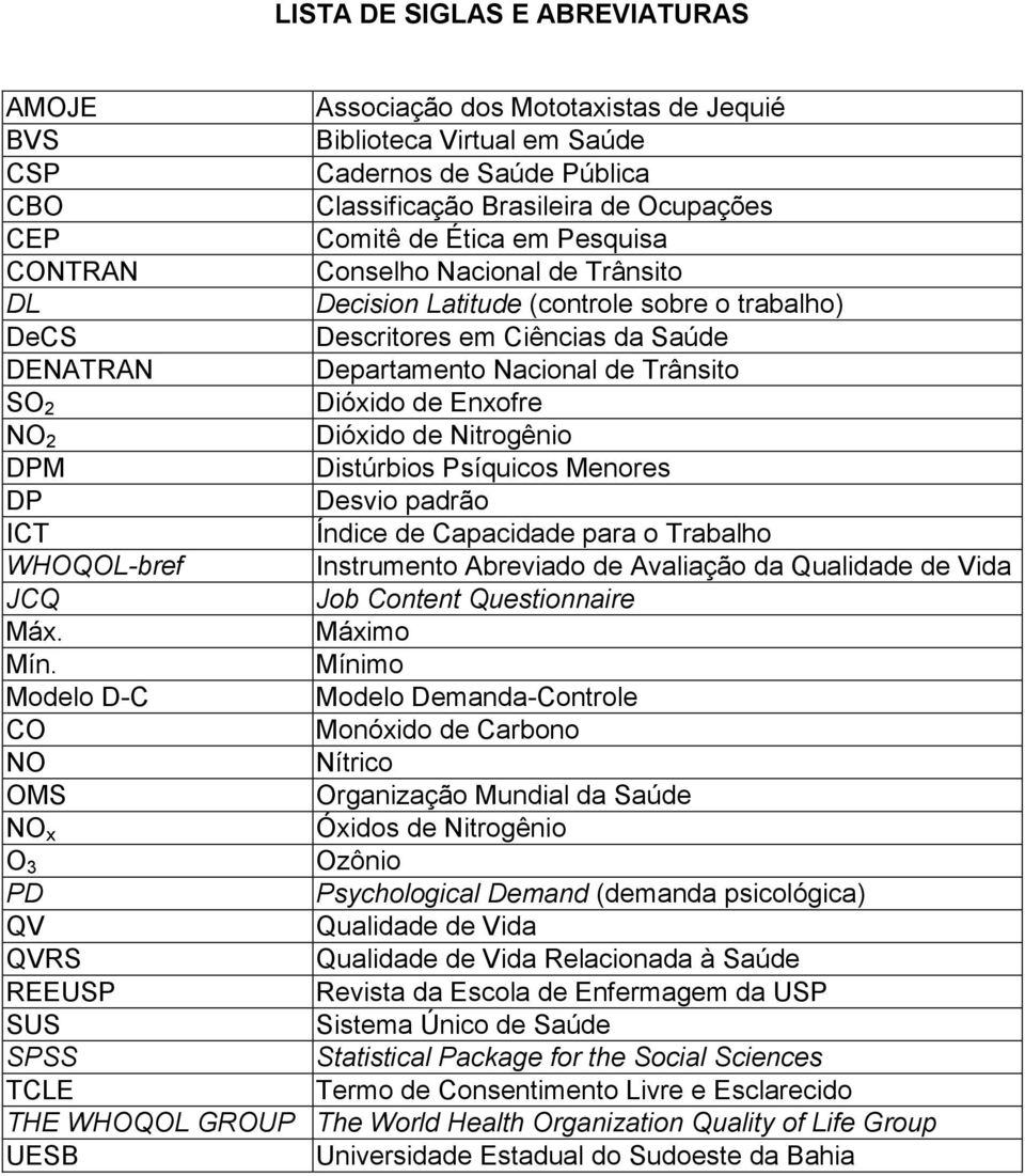 Enxofre NO 2 Dióxido de Nitrogênio DPM Distúrbios Psíquicos Menores DP Desvio padrão ICT Índice de Capacidade para o Trabalho WHOQOL-bref Instrumento Abreviado de Avaliação da Qualidade de Vida JCQ