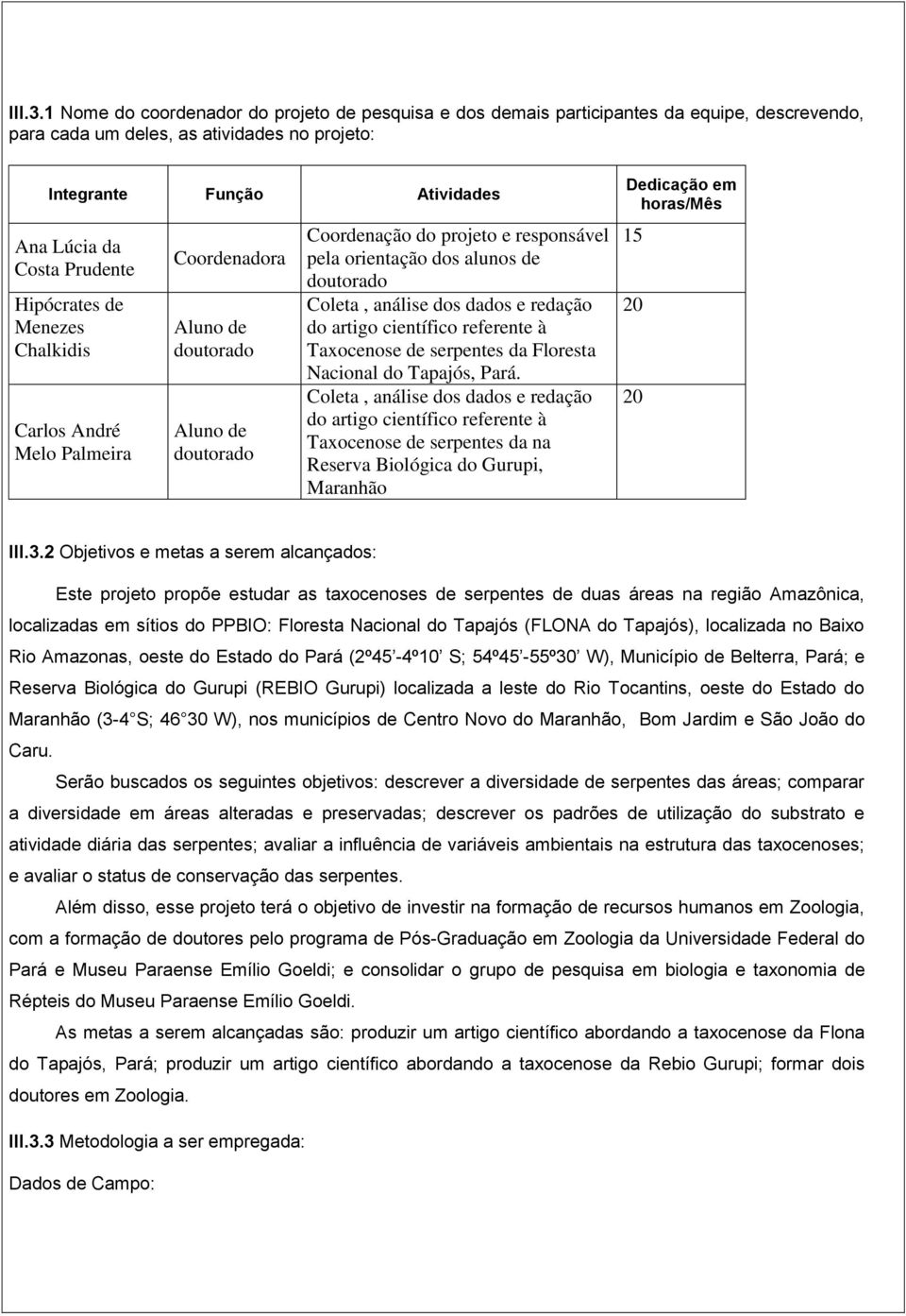 Hipócrates de Menezes Chalkidis Carlos André Melo Palmeira Coordenadora Aluno de doutorado Aluno de doutorado Coordenação do projeto e responsável pela orientação dos alunos de doutorado Coleta,