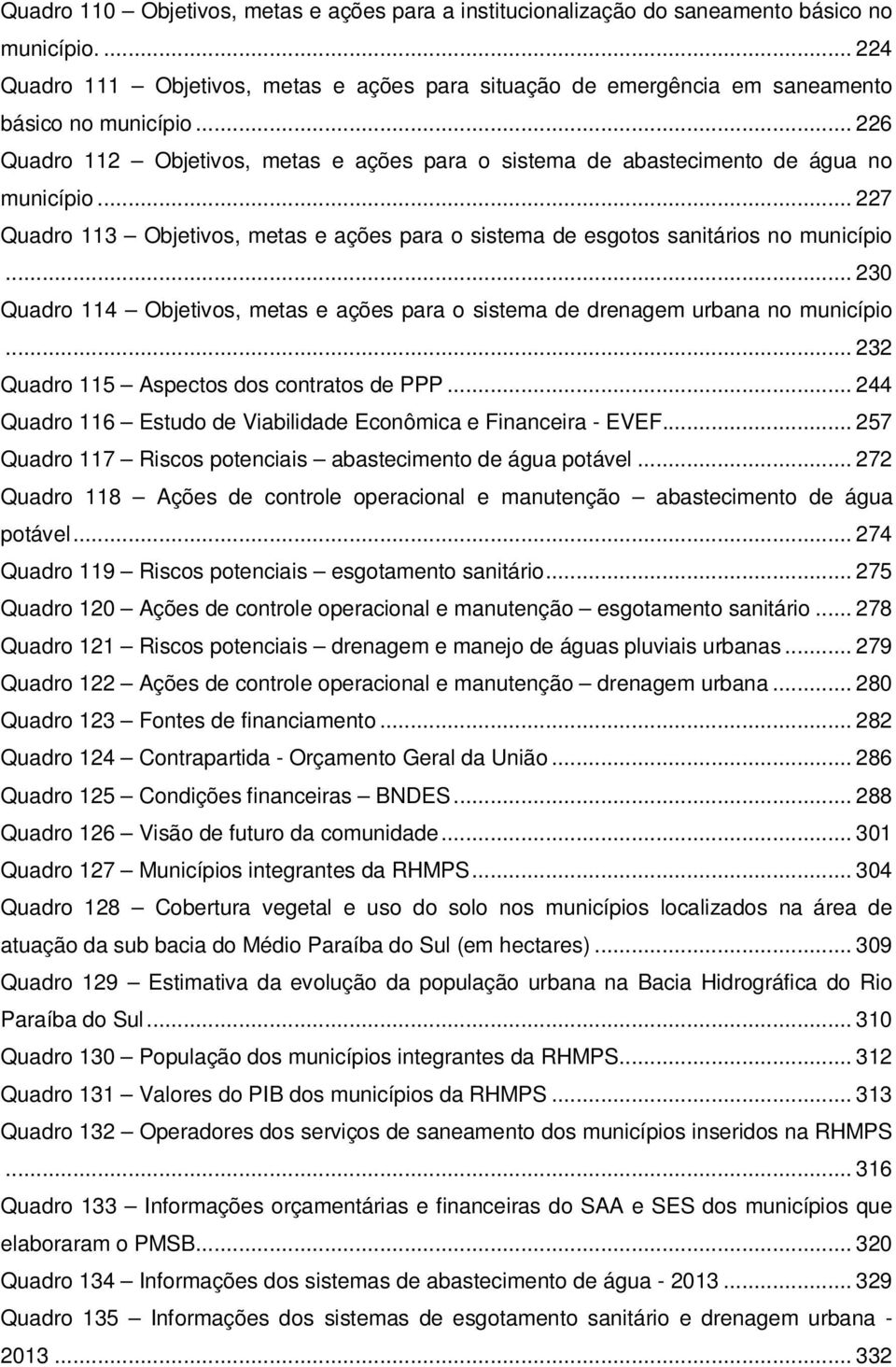 .. 230 Quadro 114 Objetivos, metas e ações para o sistema de drenagem urbana no município... 232 Quadro 115 Aspectos dos contratos de PPP.